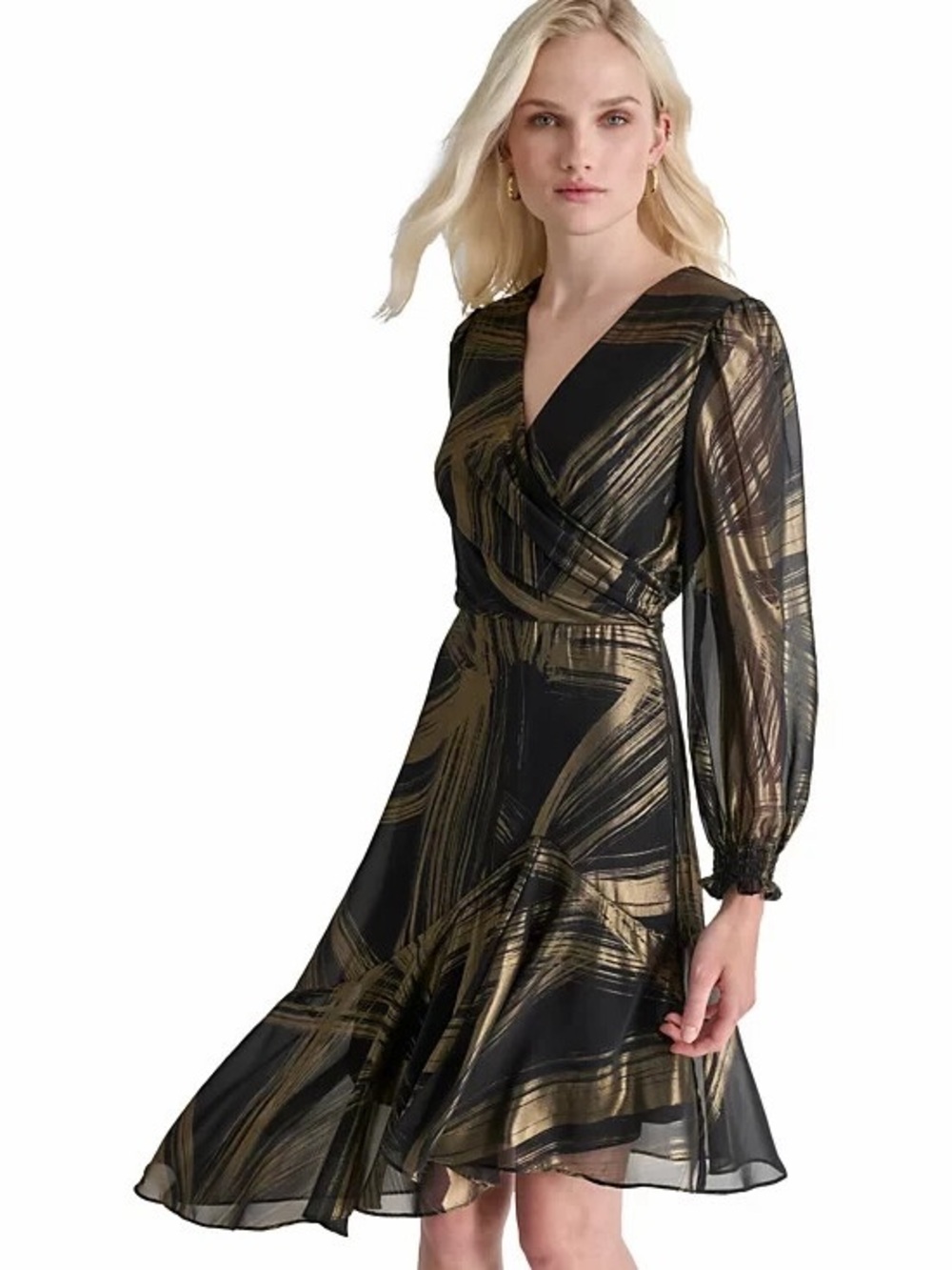 Women's Metallic-Print Asymmetric-Hem Dress DKNY